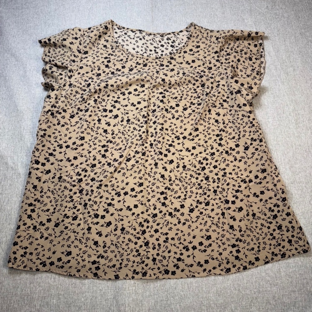 Shein Curve Womens 2XL Tan Black Floral Ruffle Short Sleeve Blouse Top